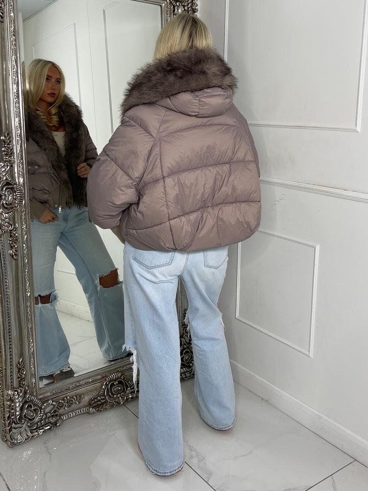 Hooded Faux Fur Puffer Coat With Buckle Detail - Grey/Mauve