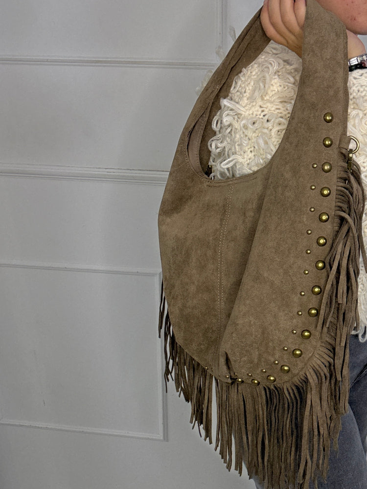 Suede Tassle Gold Detail Edge Shoulder Large Bag - Beige