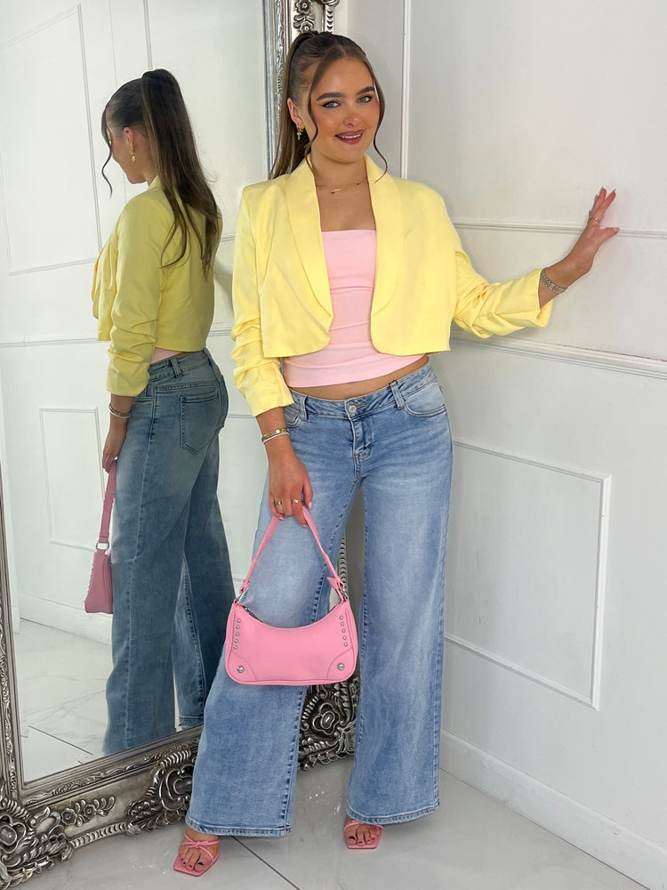 Cropped Ruched Sleeve Blazer - Yellow