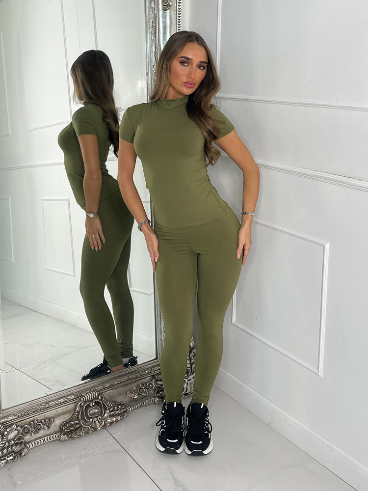 High Neck Second Skin Top & Sculpt Panel Leggings - Khaki Green