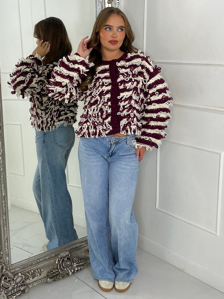 Soft Fluffy Loop Detail Cardigan - Wine/Cream Mixed