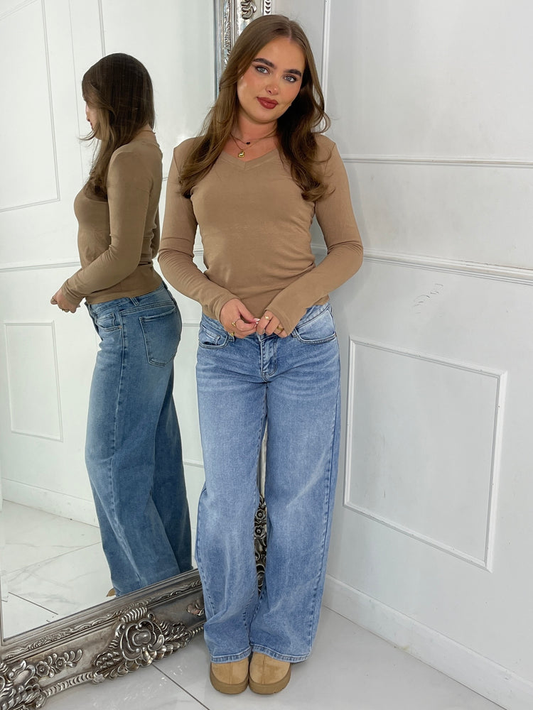 V Neck Long Sleeve Soft Touch Top - Tan