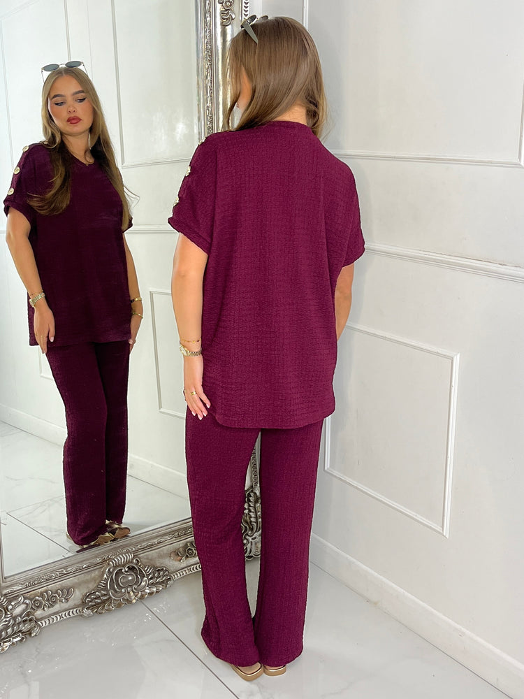 Gold Button Detail Oversized Top & Wide Leg Pants Co-Ord - Burgundy