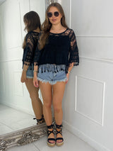 Short Sleeve Crochet Top With Sheer Vest Underlay - Black