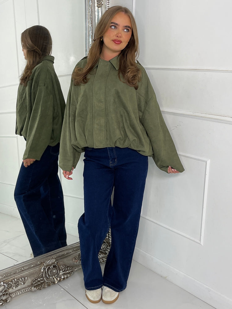 Suede Collared Oversized Bomber Jacket - Khaki