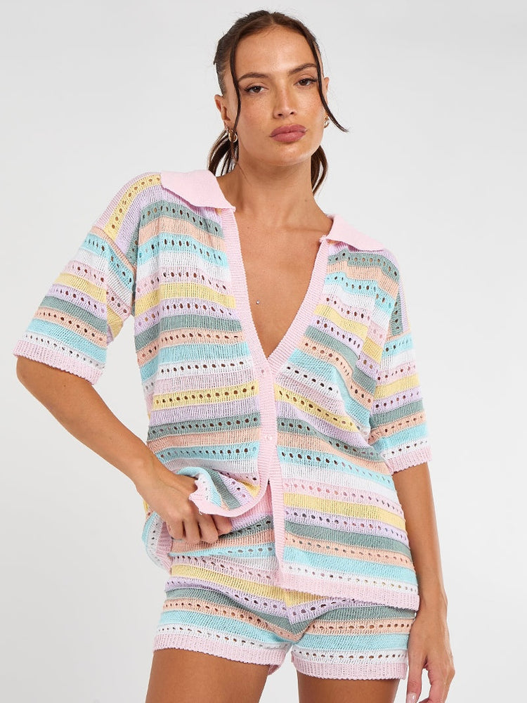 Stripe Crochet Knitted Shirt & Shorts Set - Multicoloured