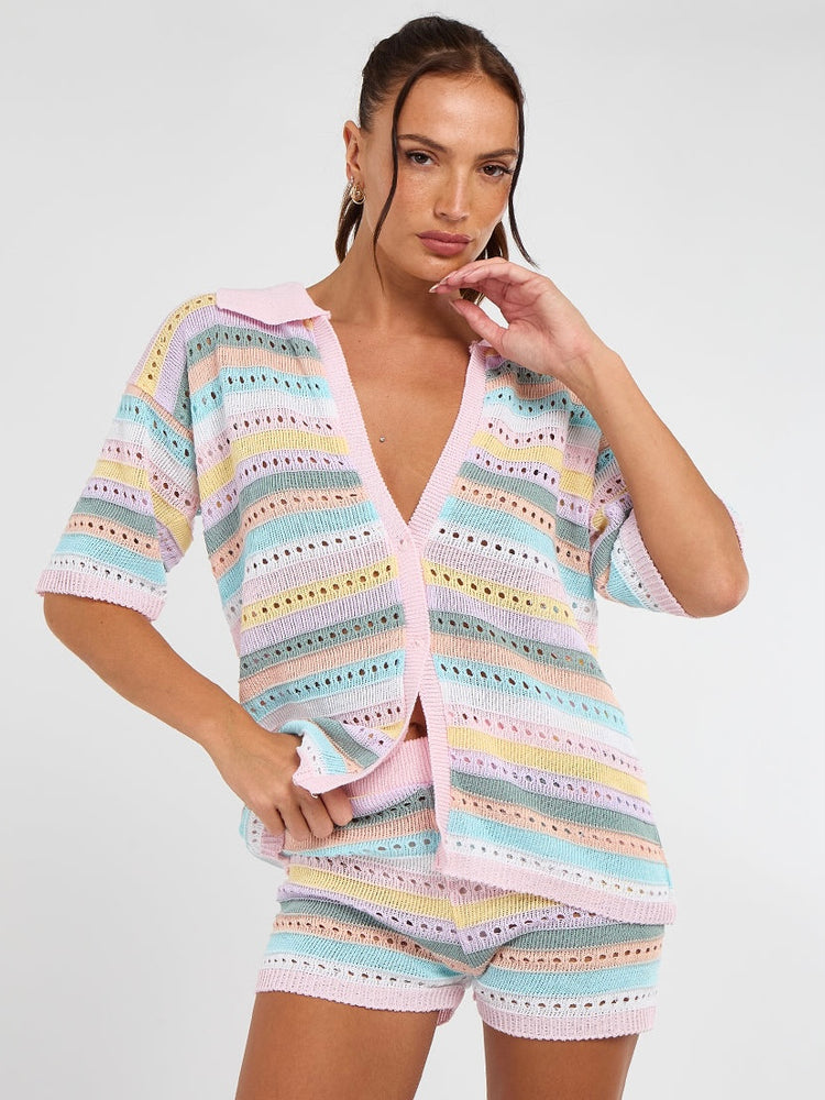 Stripe Crochet Knitted Shirt & Shorts Set - Multicoloured