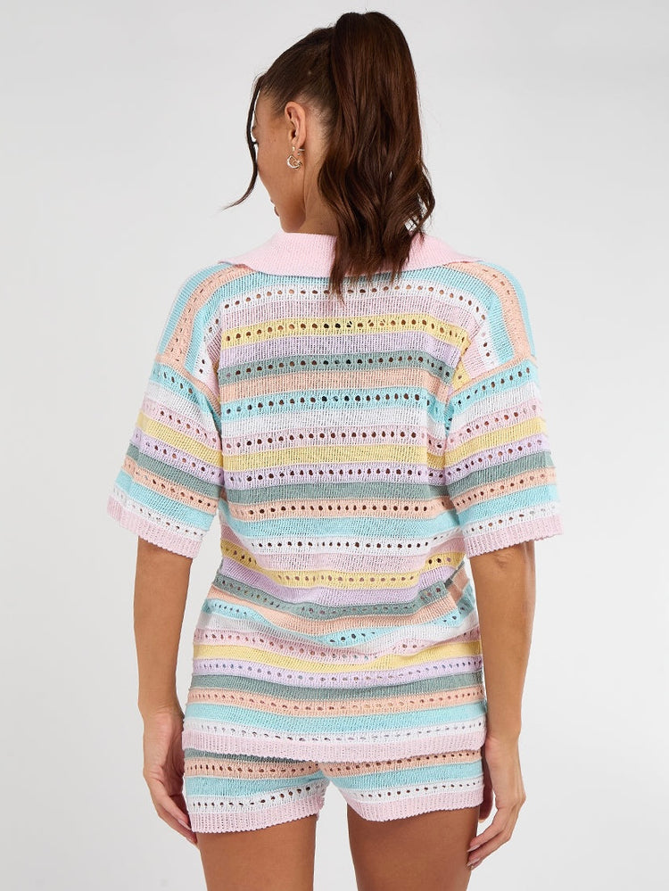 Stripe Crochet Knitted Shirt & Shorts Set - Multicoloured