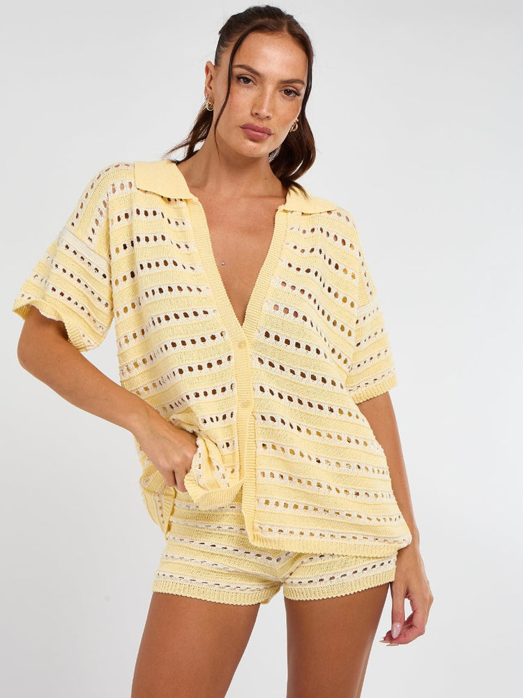 Stripe Crochet Knitted Shirt & Shorts Set - Lemon Yellow