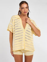 Stripe Crochet Knitted Shirt & Shorts Set - Lemon Yellow