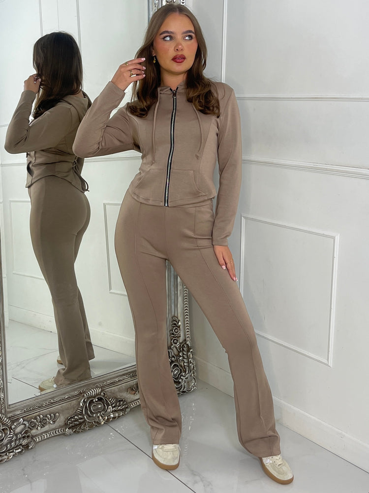Tie Up Corset Detail Back Hoodie & Seam Detail Flared Pants - Taupe