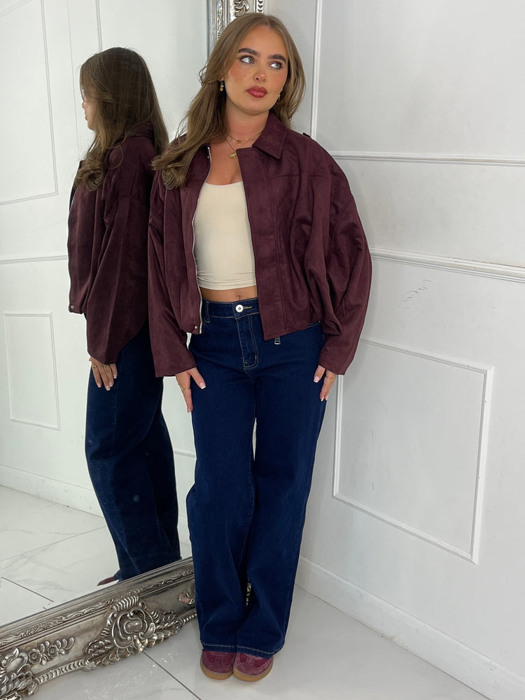 Suede Collared Oversized Bomber Jacket - Wine