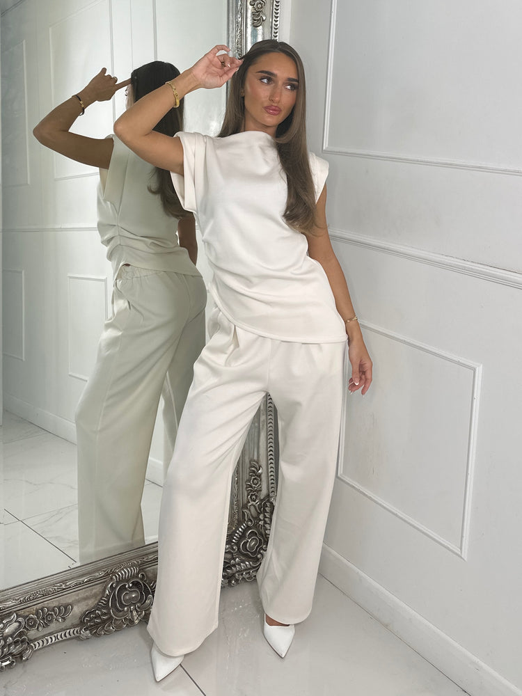 Asymmetric padded shoulder top & Flares Co Ord - Cream