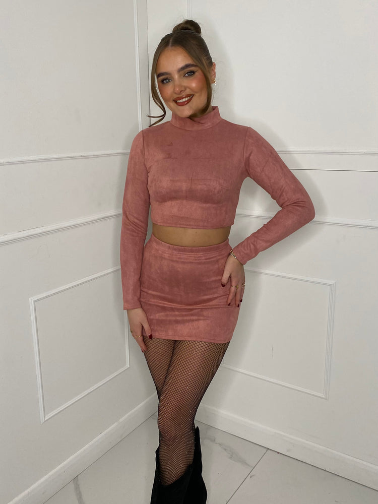 Suede High Neck Skirt Co-ord - Dusty Pink