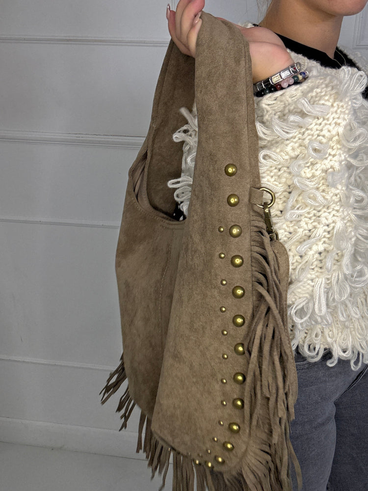 Suede Tassle Gold Detail Edge Shoulder Large Bag - Beige