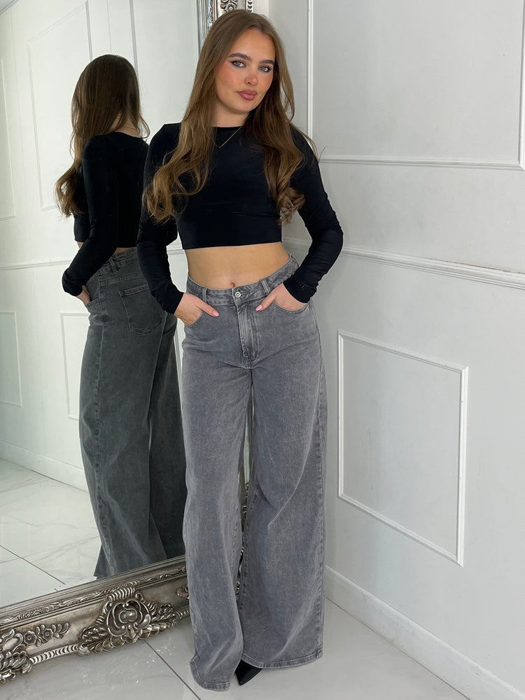 Padded Shoulder Long Sleeve Crop Top - Black