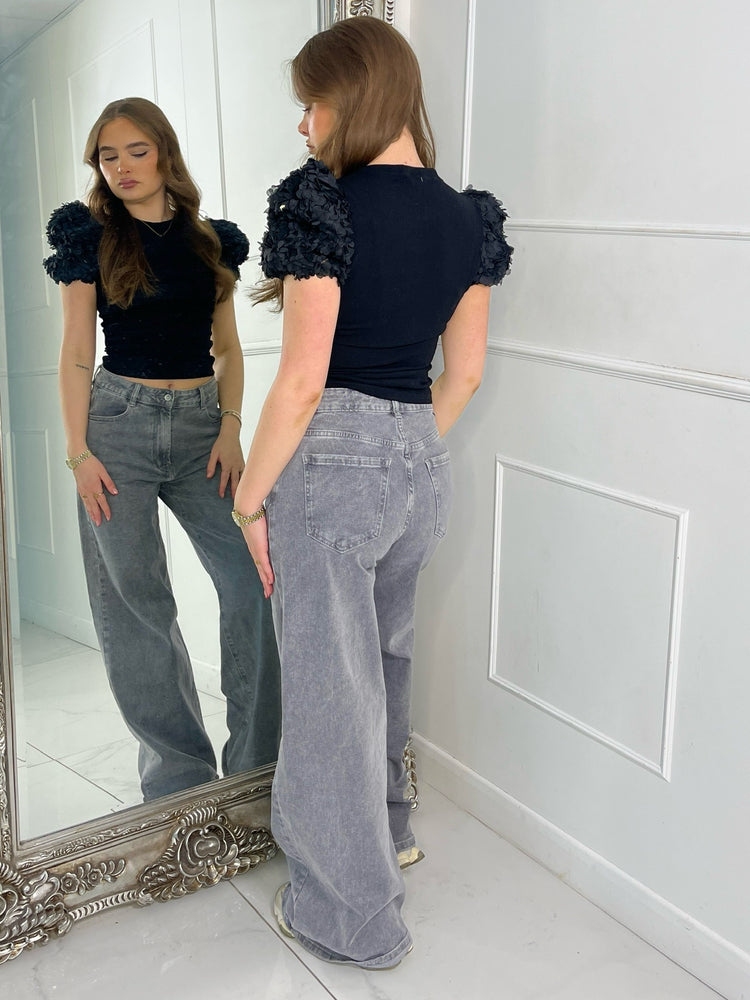 Mesh Ruffle Shoulder Tee -Black Ribbed