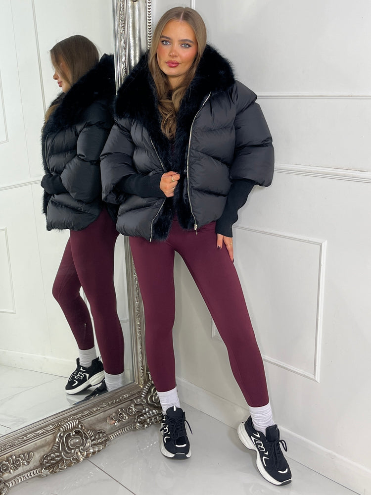 Hooded Puffer Coat With Faux Fur Trim - Black