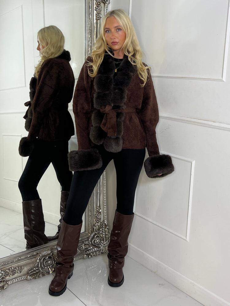 Faux Fur Trim Tie Belt Cardigan - Brown
