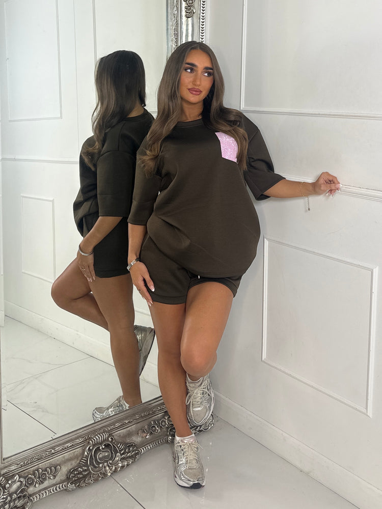 Pink Diamante Pocket Detail T-Shirt & Shorts Co-Ord - Brown