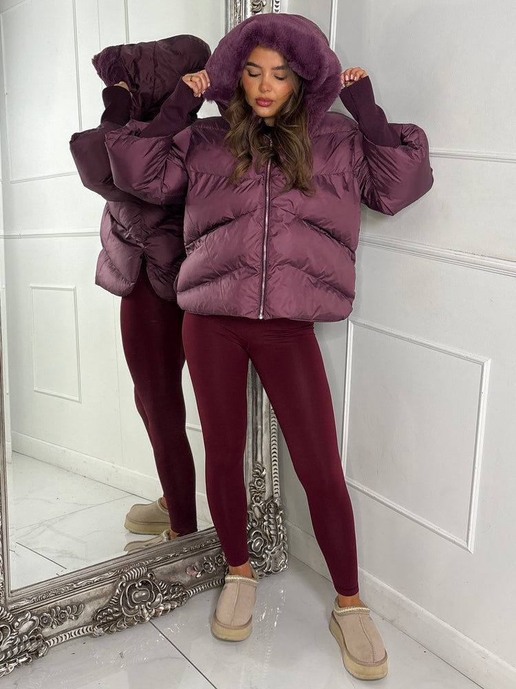 Hooded Puffer Coat With Faux Fur Trim - Wine