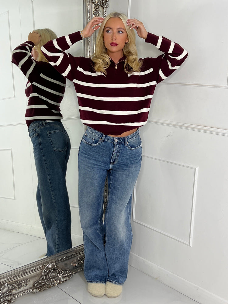 1/4 Zip Striped Jumper - Wine / Cream