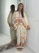 Multi Rainbow Stripe Detail Crochet Lace Button Top & Flares Co-Ord - Beige Multi