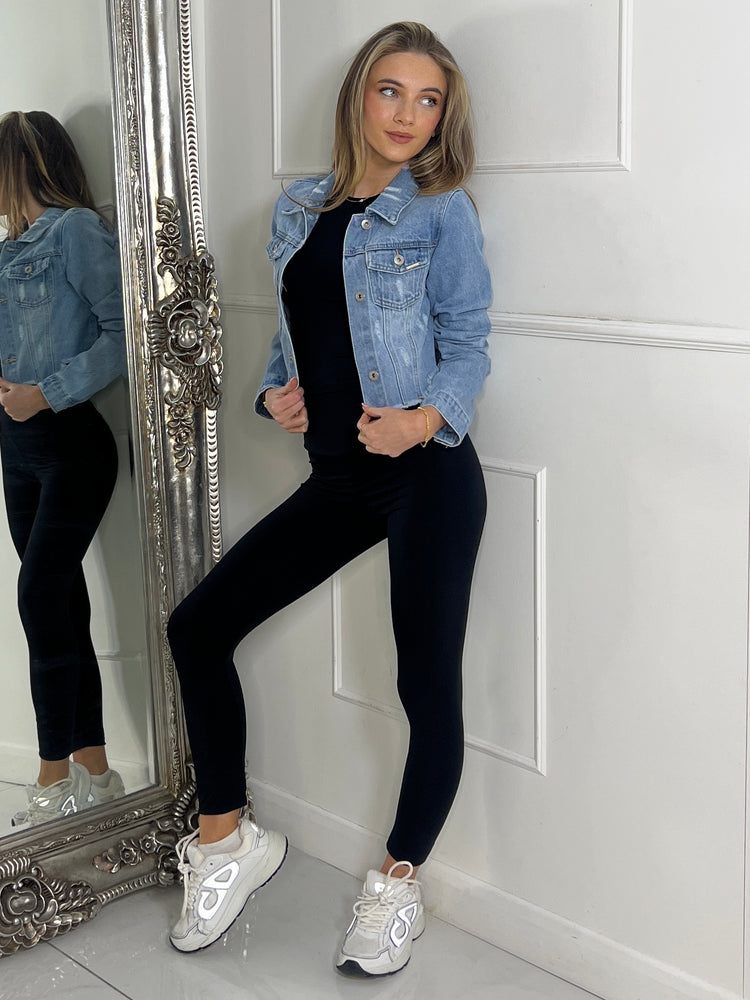 Cropped Distressed Denim Jacket - Light Blue