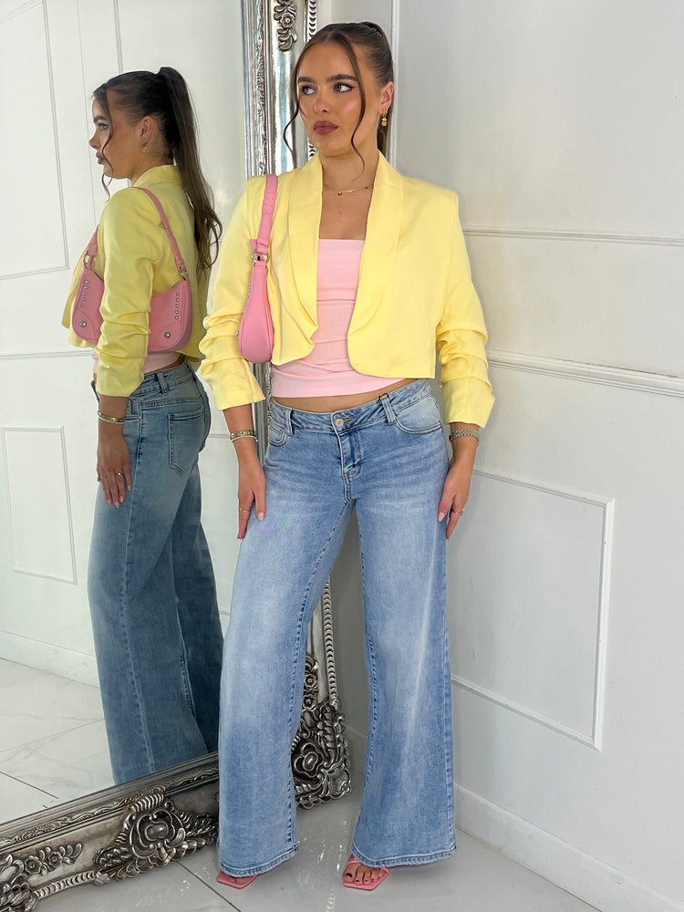 Cropped Ruched Sleeve Blazer - Yellow