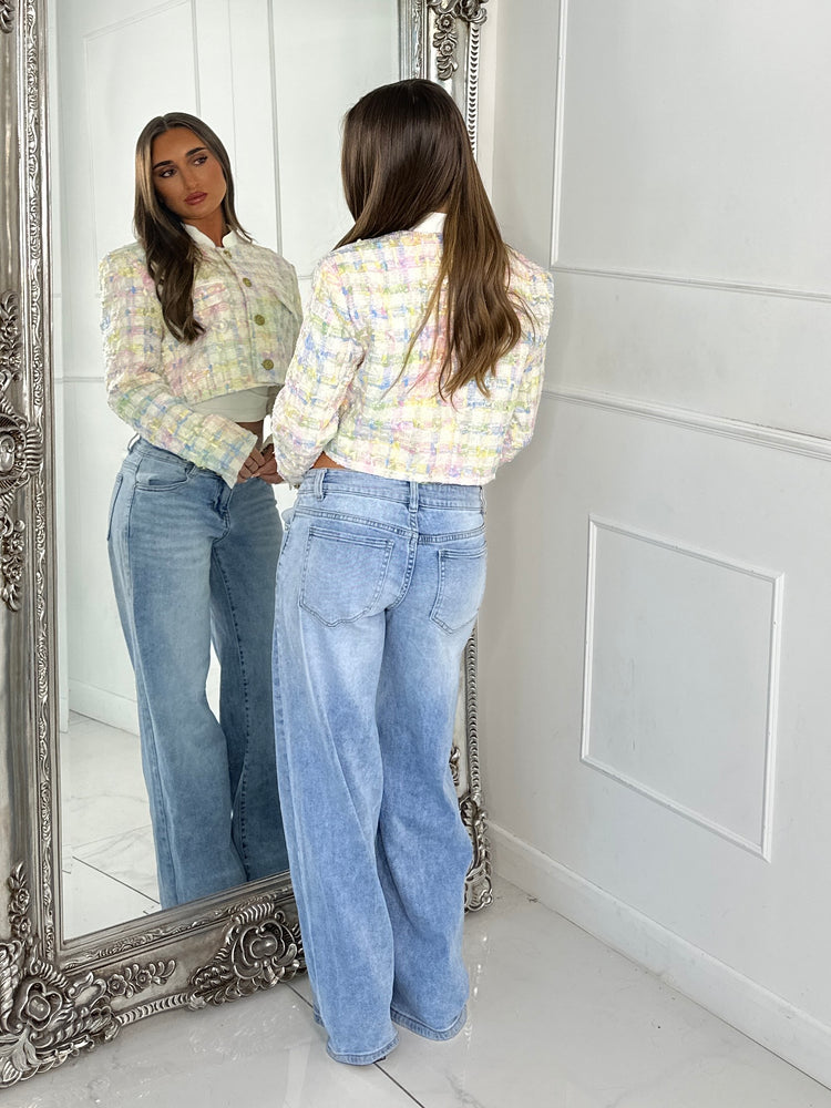 Tweed Gold Button Detail Cropped Bomber Jacket - Multi 1