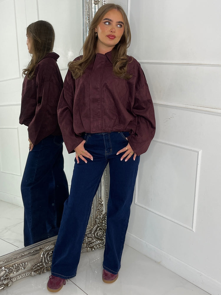 Suede Collared Oversized Bomber Jacket - Wine