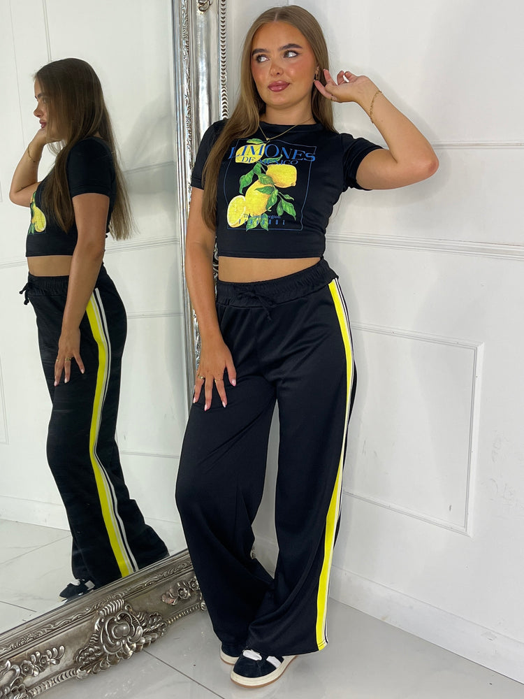 Lemon Tee & Side Stripe Trousers Co-Ord - Black