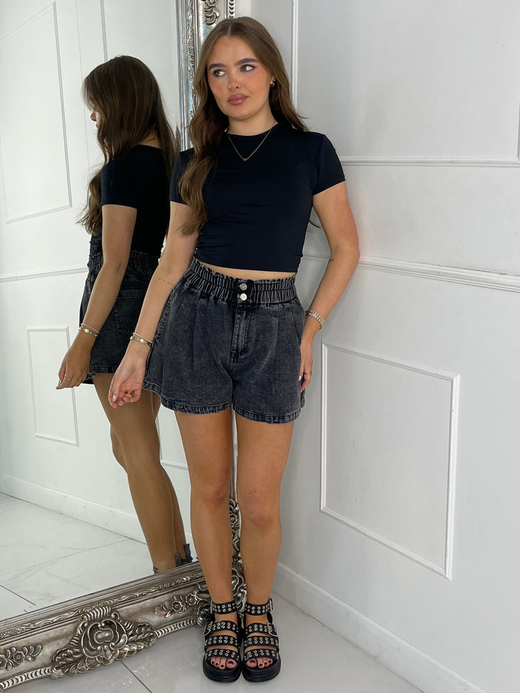 Elasticated Denim Shorts - Black