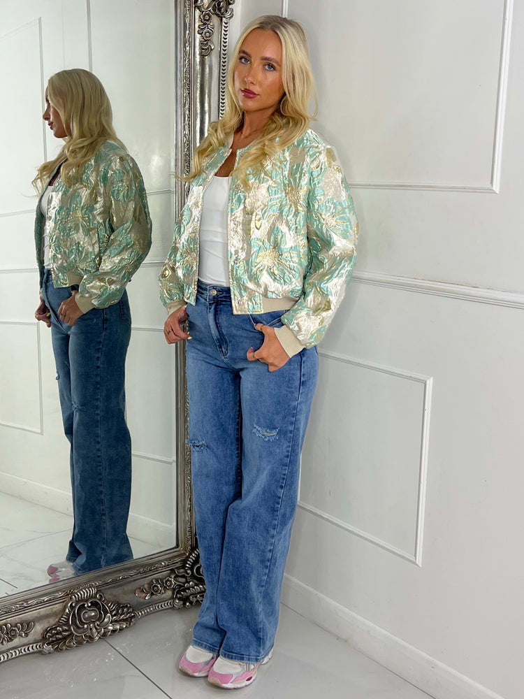 3D Floral Bomber Jacket - Mint Green/ Gold