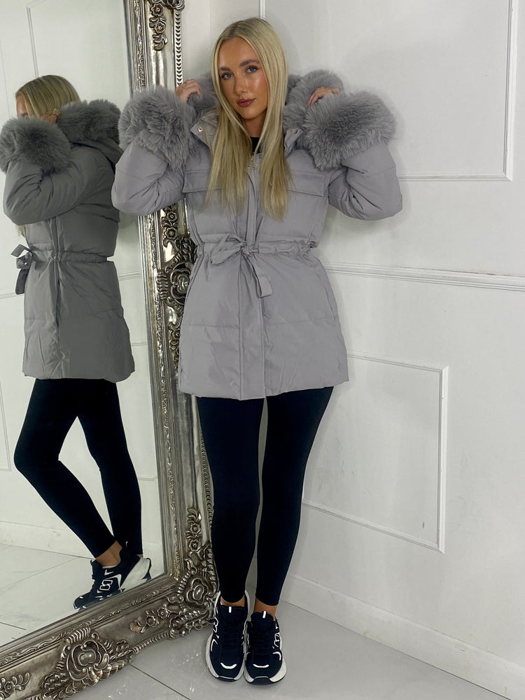 Fur Hood Trim Detail Longline Jacket - Grey