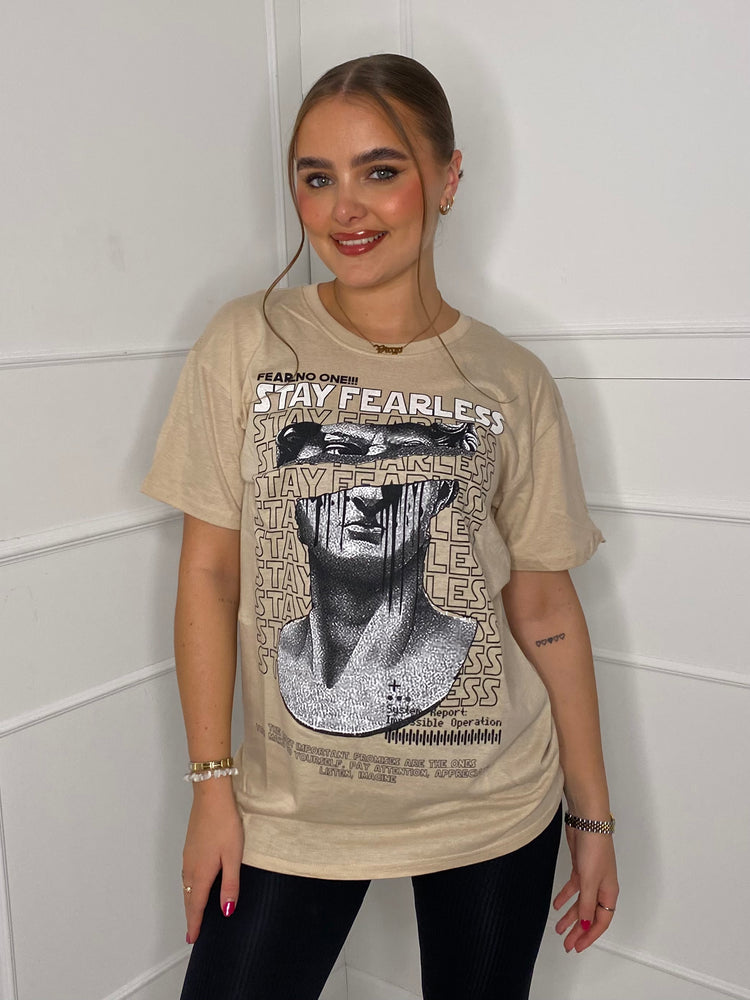 Fearless Statue Print T-Shirt - Beige