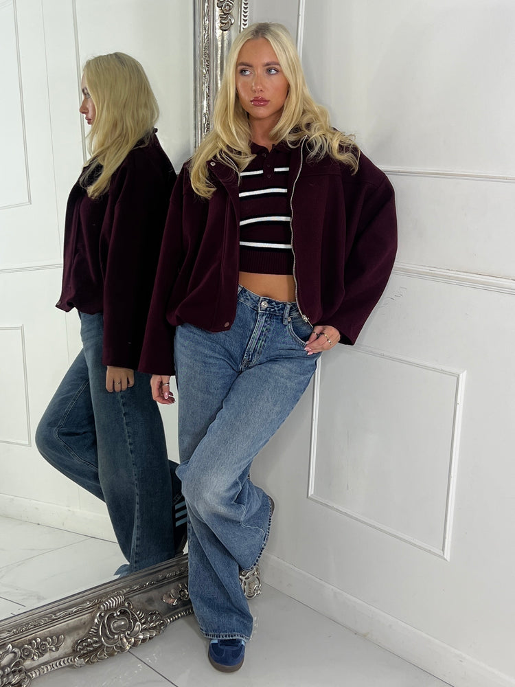 Collared Oversized Bomber Jacket - Wine