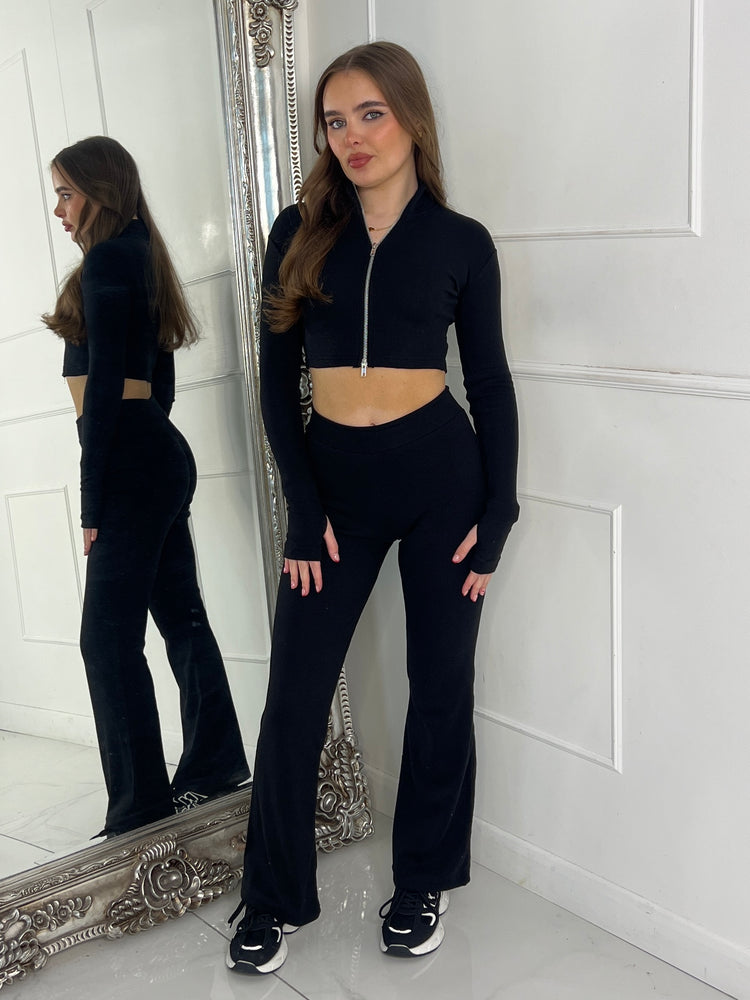 Zip Up Flared Ribbed Loungeset - Black