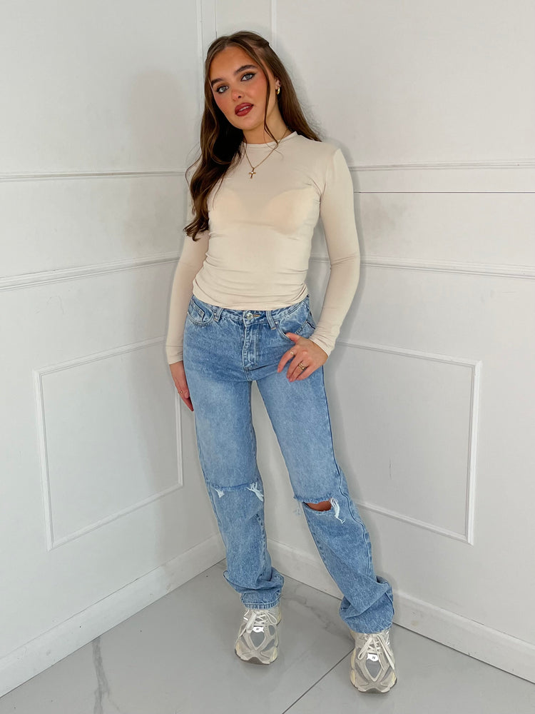 Round Neck Long Sleeve Top Second Skin - Beige