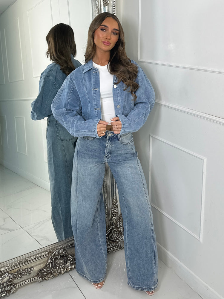 Seam Detail Denim Cropped Jacket & Baggy Straight Leg Denim Jeans Co-Ord - Blue