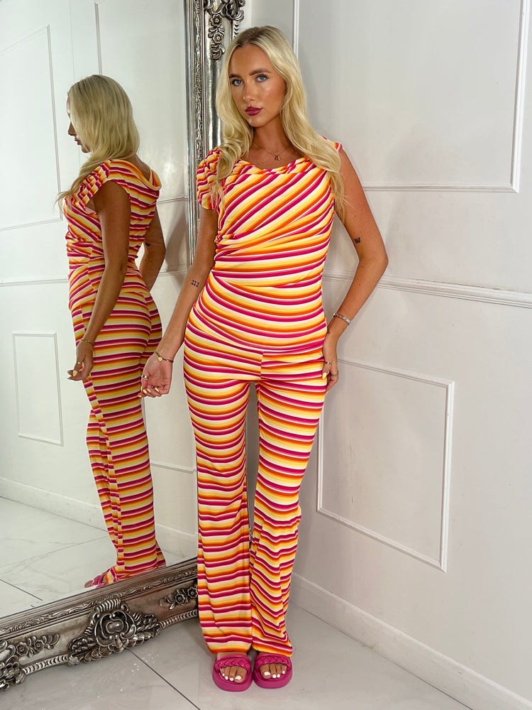 Cowl Neck Knitted Crochet Top & Flares - Multi Stripe 1