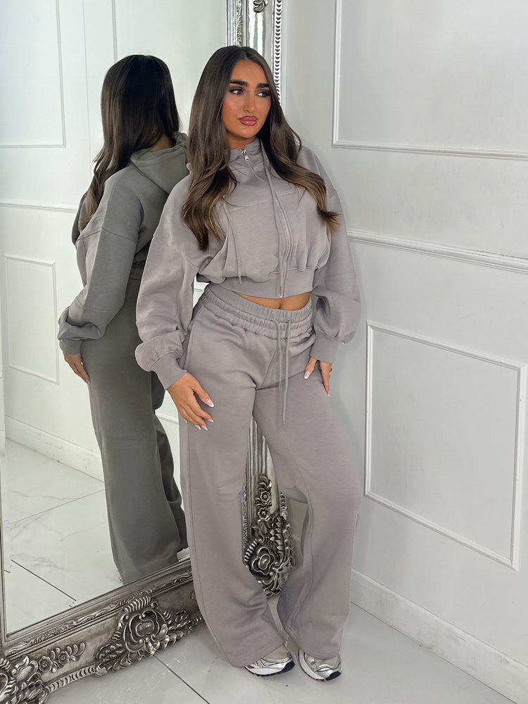 Hooded Zip Up & Double Waist Band Wide Leg Joggers Tracksuit - Dove Grey