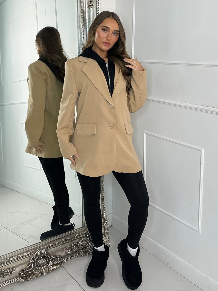 Oversized Blazer With Black Attached Hood - Dark Beige