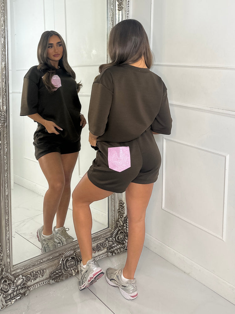 Pink Diamante Pocket Detail T-Shirt & Shorts Co-Ord - Brown