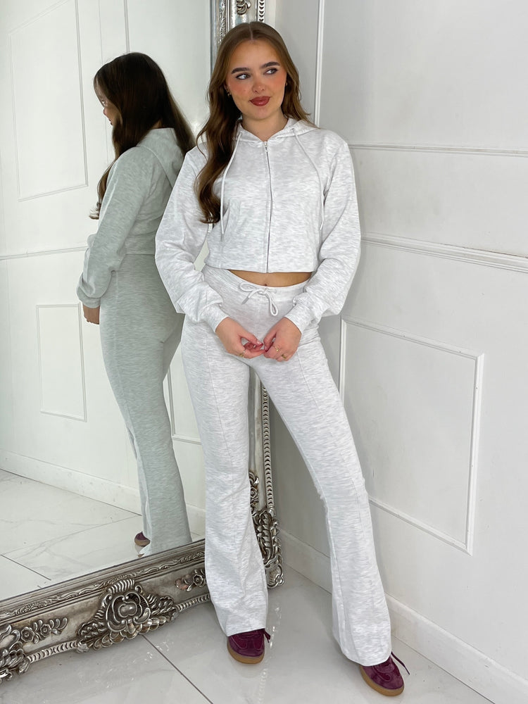 Crop Hoodie & Seam detail Flared Pants - Light Grey