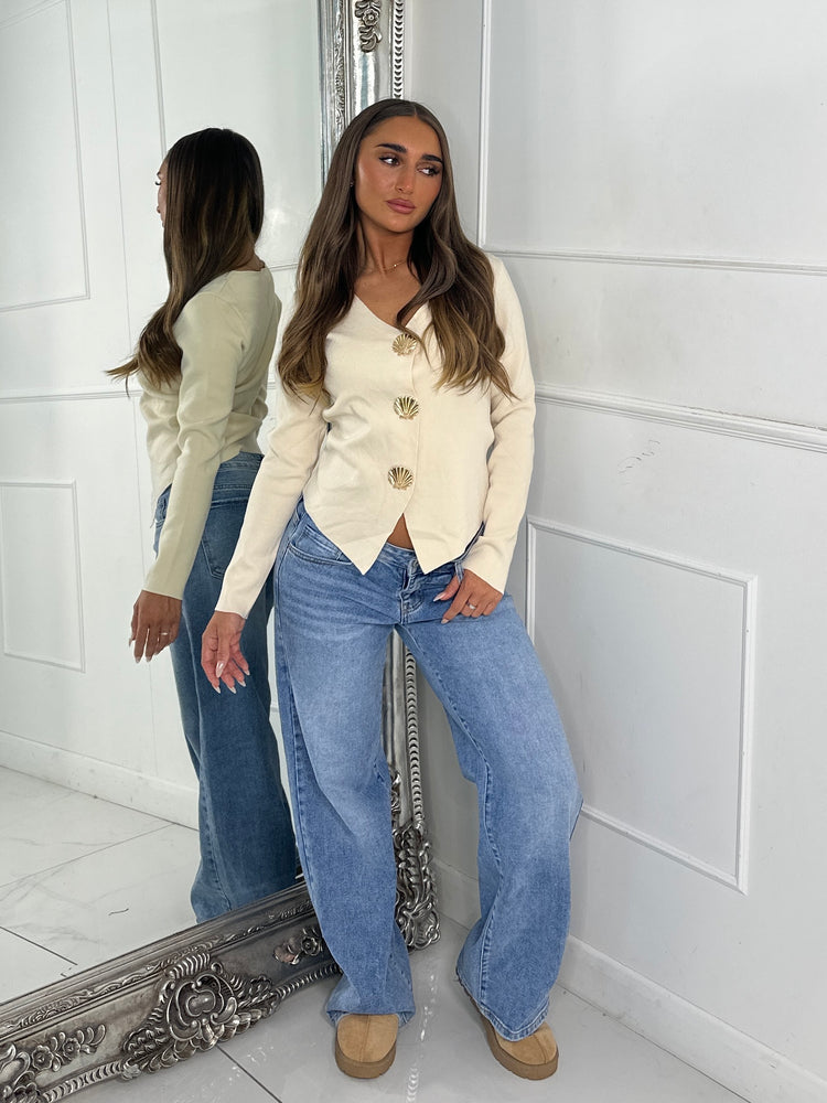 V Neck Sea Shell Detail Long Sleeve Jumper - Cream