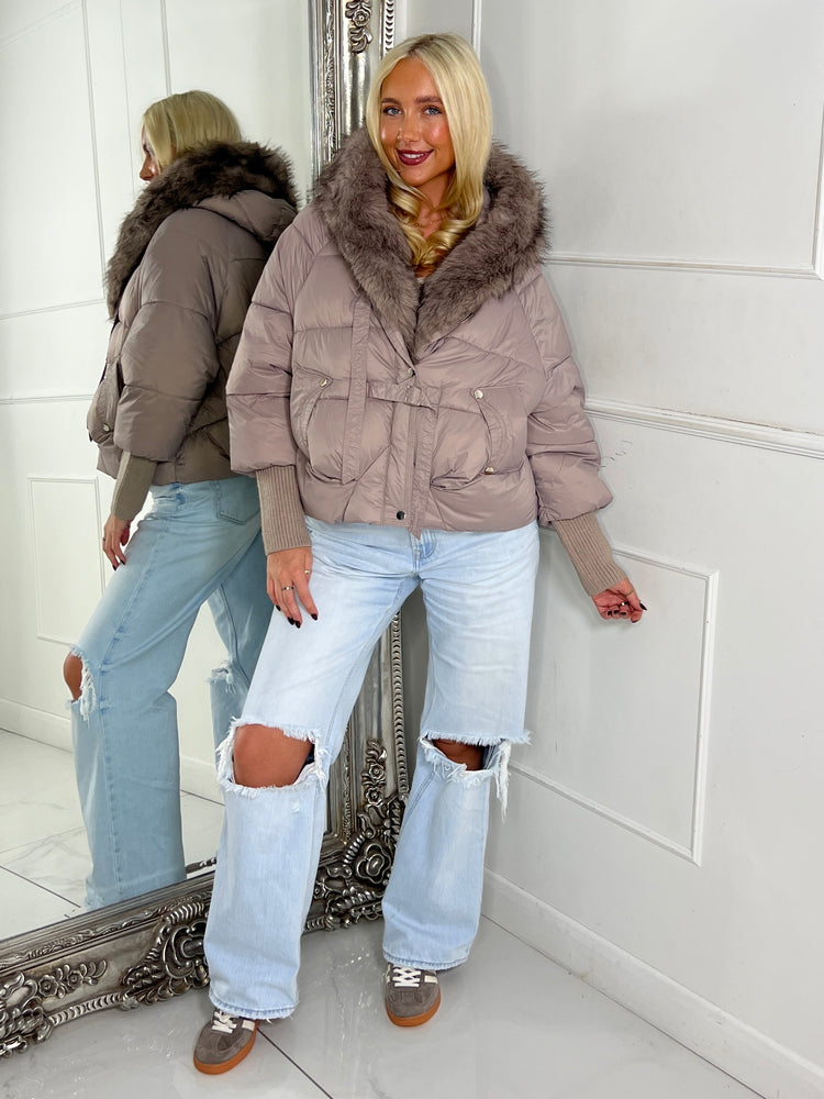 Hooded Faux Fur Puffer Coat With Buckle Detail - Grey/Mauve
