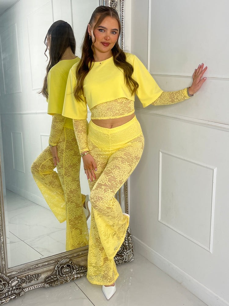 Round Neck Lace Underlayer Long Sleeved Cropped Top & Built In Knicker Underlayer Lace Flares Co-Ord - Yellow
