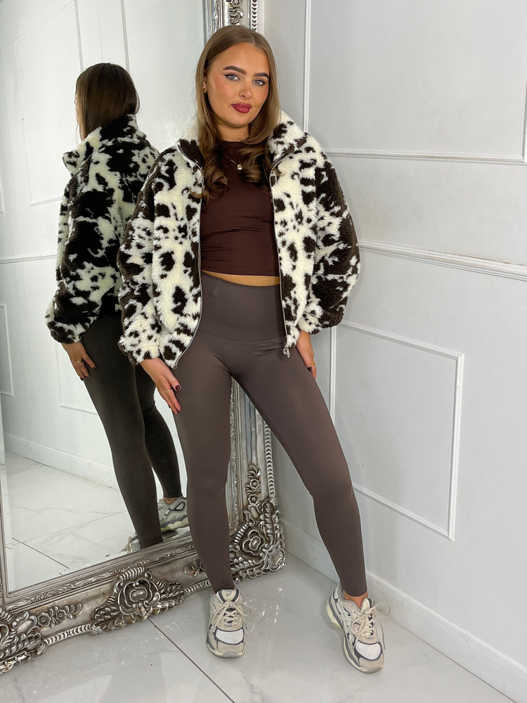 Smudge Print Zip Up Fleece Teddy Jacket - Brown/White