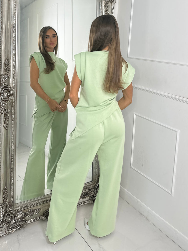 Asymmetric padded shoulder top & Flares Co Ord - Sage Green